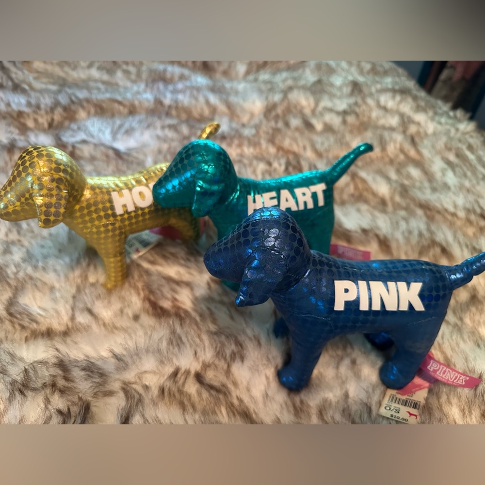 New Victoria's Secret and Pink Collectable Dog Trio - Gold, Teal, Blue